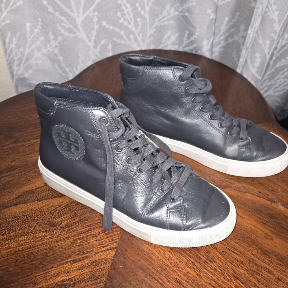 Navy Tory Burch leather high top sneakers
